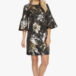 Trina Turk Black Gold Jacquard Metallic Bell Sleeve Dress, 3/4 sleeve